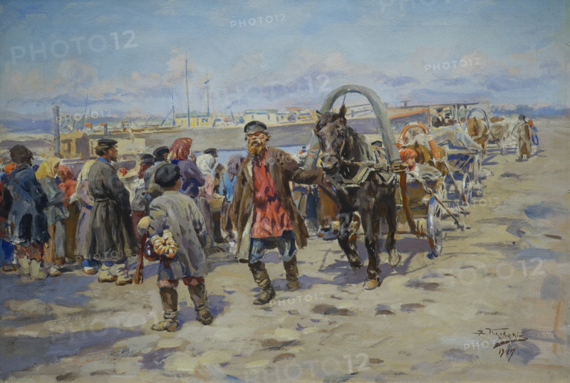 Makovsky Vladimir Egorovich (1846-1920). At the pier. 1917.  Mixed media.