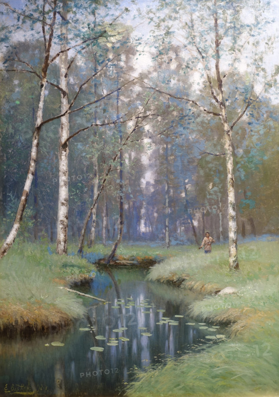 Volkov Efim Efimovich (1844-1920).  Morning on the river bank. Landscape with a hunter. 1898.
