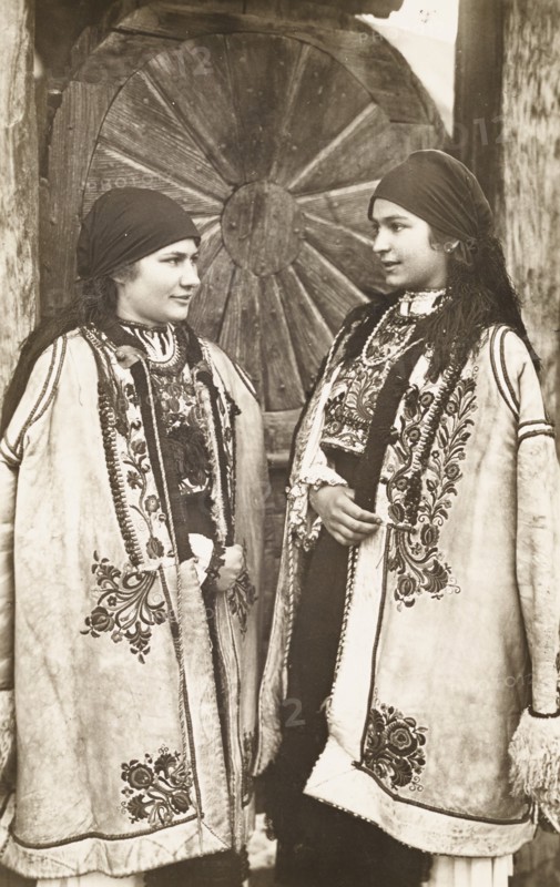 Two young girls in traditional Transylvanian costume, Romania