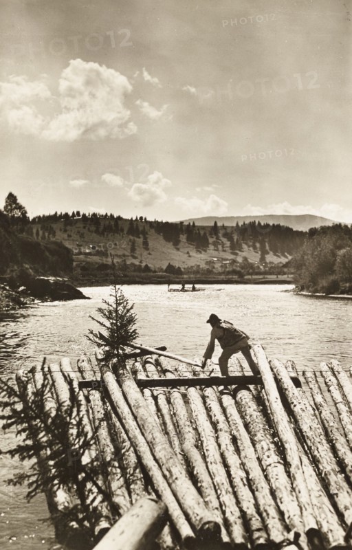 Raftsmen, known as plutasi in Romanian, transporting timber on the Bistrita River