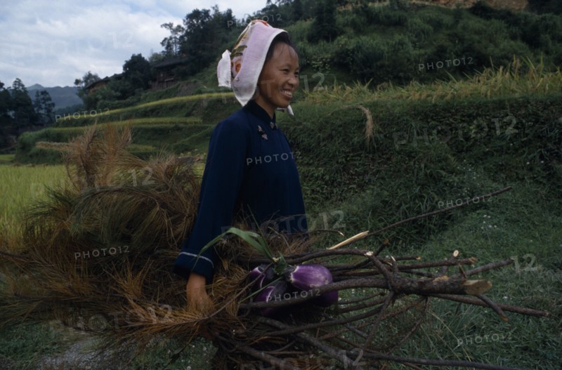 10000593 CHINA Guizhou Leishan Woman carying branches and vegetation and aubergines.