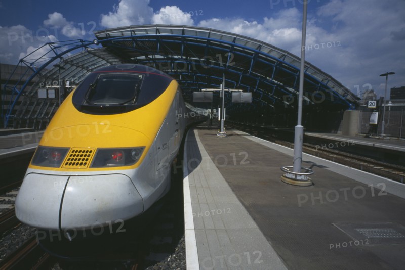 TRANSPORT, Rail, Channel Tunnel, "Eurostar Train at Waterloo Station platform, part view from front."