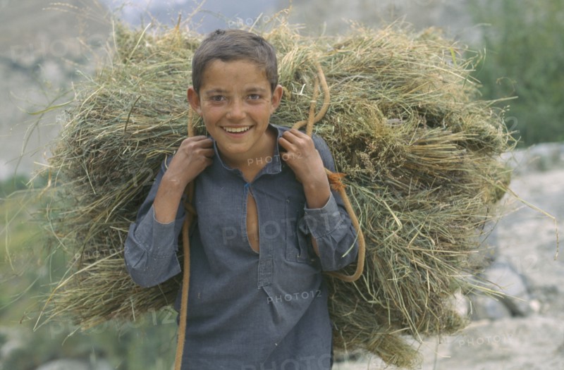 PAKISTAN, Hunza, Altit, Smiling boy carrying load of hay on his shoulders