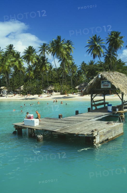 WEST INDIES, Tobago, Pigeon Point, Boat jetty with tourist sitting down and the beach behind with people swimming and sunbathing