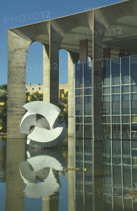 BRAZIL, Federal District, Brasilia, "Hamarati Palace housing the Foreign Office, with meteor statue outside"