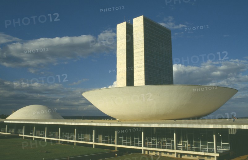 BRAZIL, Federal District, Brasilia, Palace of National Congress. The dishes house the Senate Chamber and House of Deputies