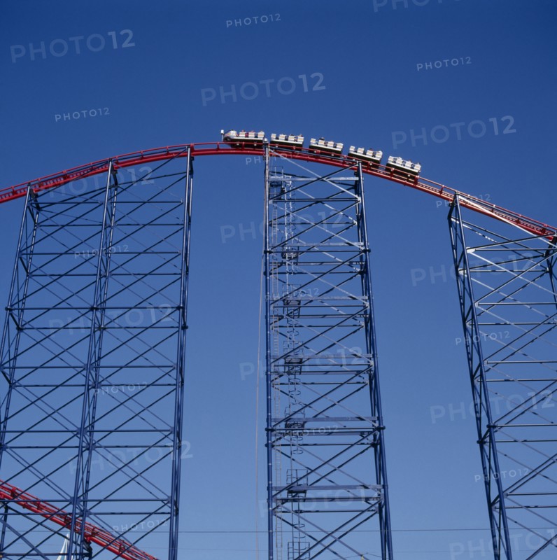 ENGLAND, Blackpool, "View looking up at a carriage at the top of The Big One roller coaster, the tallest in the world"