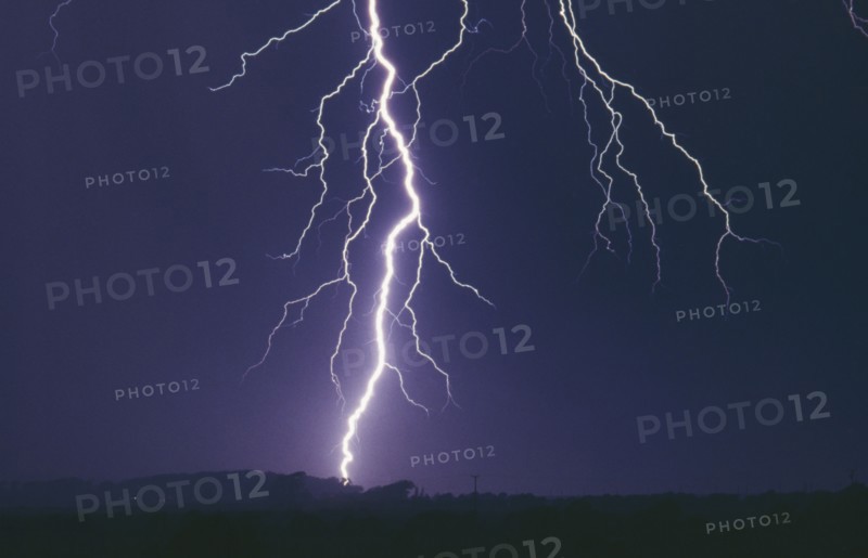 WEATHER, Rain, Lightning, Fork lightning in electric storm at night striking ground