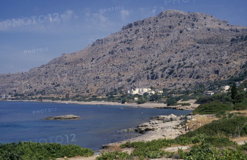 GREECE, Dodecanese Islands, Rhodes, Pefkos south of Lindos with a view of the coastline and mountains
