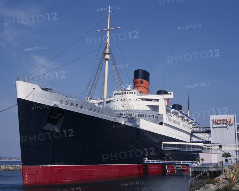 USA, California, Los Angeles, Queen Mary cruise liner moored as an hotel.