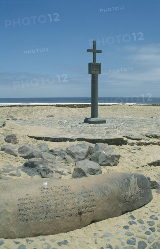 NAMIBIA, Cape Cross, Site of the first Portugese landing on the Namibian Coast in 1485 with engraved stone and Cross monument