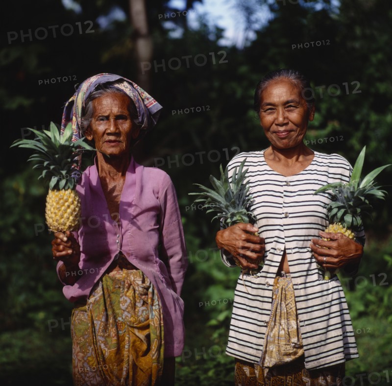 INDONESIA, Lombok, Batu Layar, Two ladies near Senggigi holding pineapples