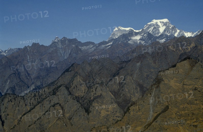 INDIA, Uttar Pradesh, Himalayas, Mountain landscape showing folds in the Himalayas and peaks and ridges.