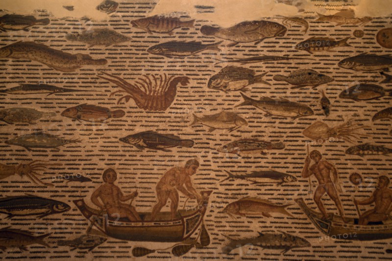 TUNISIA, Sousse , Roman mosaic dating from the 2nd Century AD depicting the richness and variety of fish in the Mediterranean sea