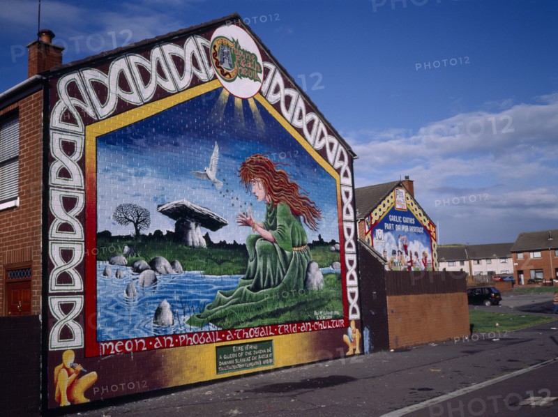 N.IRELAND, Belfast , Ardoyne mural depicting a queen of the Tuatha de Danann slain at the battle of Tailtiu