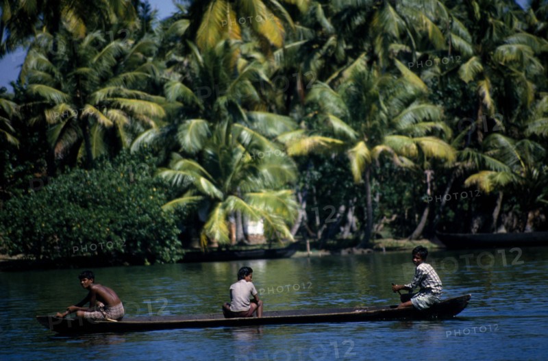 INDIA, Kerala, Near Cochin , Backwaters. Three people in a canoe passing palm lined banks