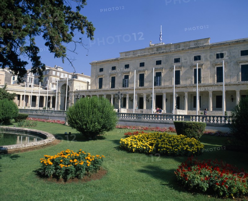 GREECE, Ionion Islands, Corfu, "Corfu town, Palace at the Esplanade with garden in front "