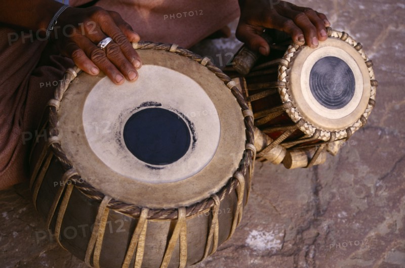 INDIA, Uttar Pradesh, Vrindavan, Cropped shot of tabla player.