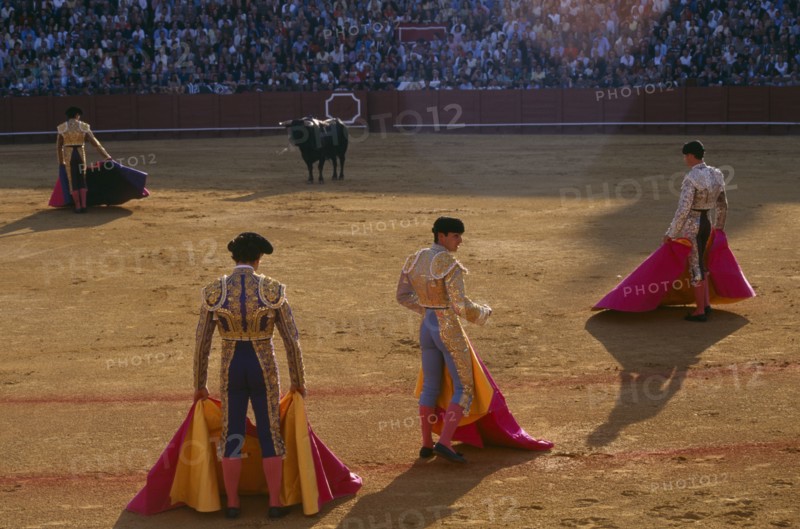 SPAIN, Andalucia, Seville, Matador in the Arenal bullring standing in front of the bull with three assistants in the foreground