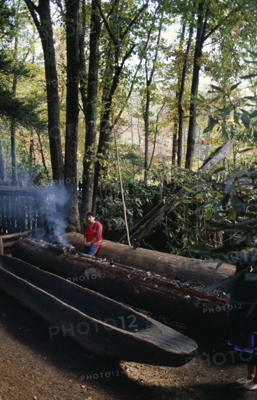 USA, North Carolina, Building, "Making dug out canoe, Oconaluftee Indian village. Cherokee Reservation "