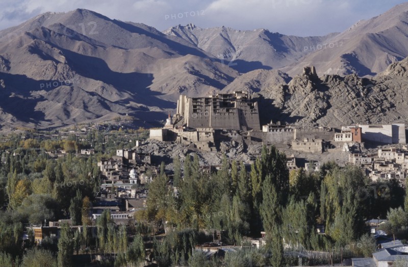 INDIA, Ladakh, Leh, Hillside palace overlooking the town surrounded by mountainous terrain