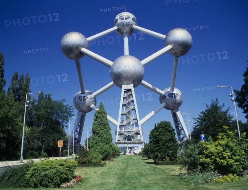 BELGIUM, Brabant, Brussels, "The Atomium and garden. There are nine steel spheres, housing exhibition spaces and a restaurant, connected via tubes with escalators. "