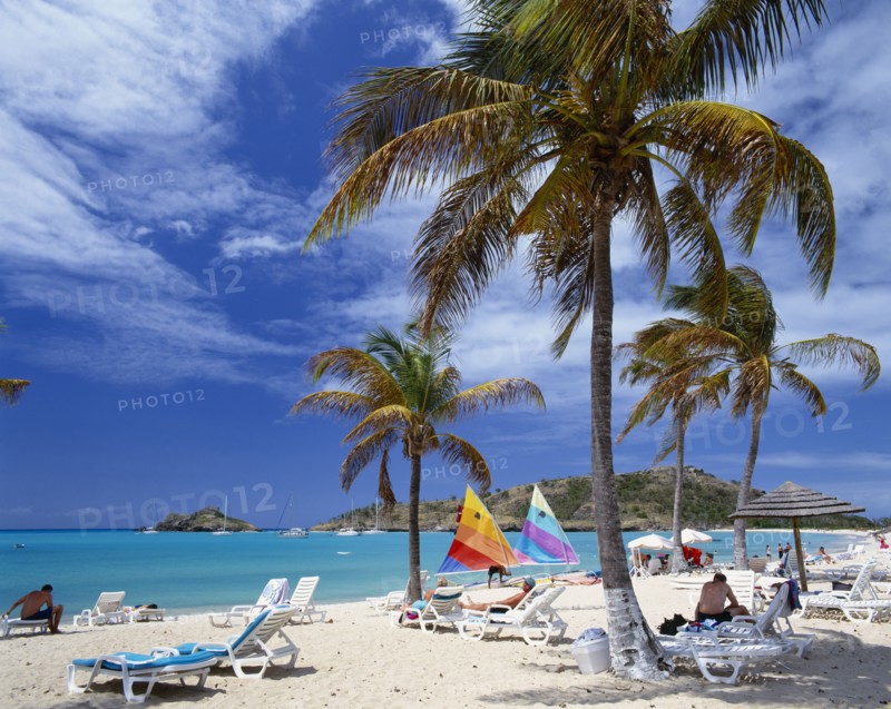 WEST INDIES, Antigua, "Deep Bay.  Sandy beach with sailing boats, sunbeds and palm trees. "