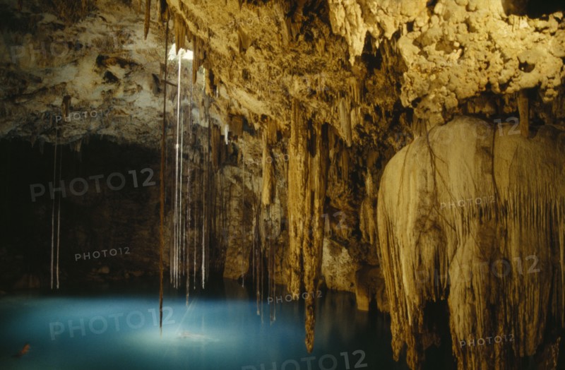 MEXICO, Yucatan , Valladolid , Stalactites in underground well Cenote Dzitnup