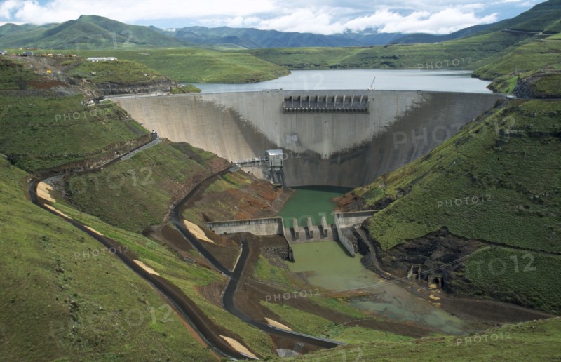 LESOTHO, Katze Dam, View over deep valley with dam and reservoir behind