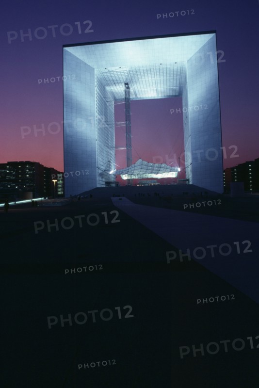 FRANCE, Ile De France, Paris, La Grande Arche at La Defence illuminated at night
