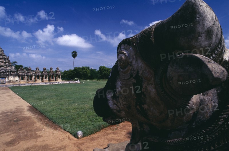 INDIA, Tamil Nadu, Kanchipuram, Kailasanatha Temple dedicated to Siva and dating from the 7th Century.  Part view of exterior with statue of Nandi bull facing temple in immediate foreground.