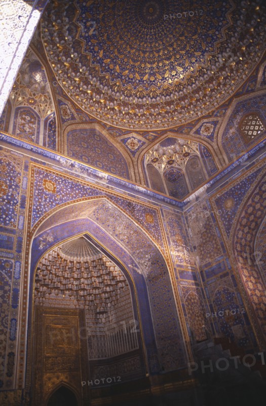 UZBEKISTAN , Samarkand, Registan, Tillya Kari Mosque interior of the elaborately decorated Dome and walls