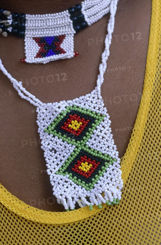 SOUTH AFRICA, KwaZulu Natal, Melmoth, Detail of colourful Zulu bead necklace
