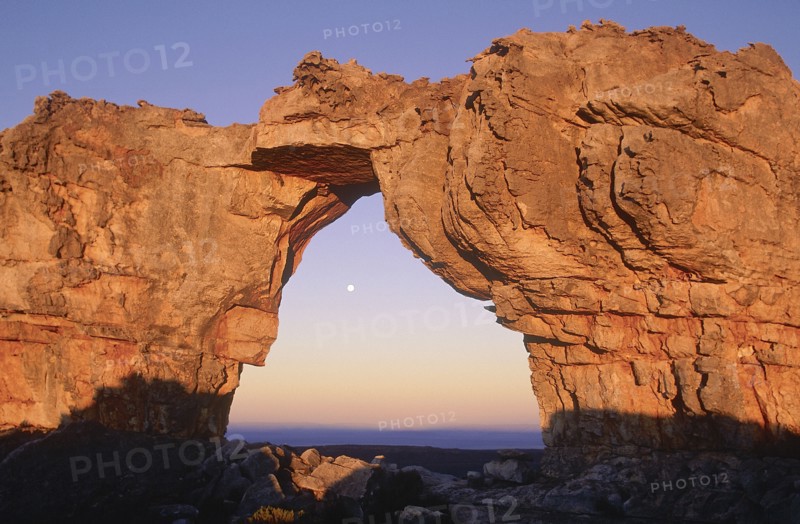 SOUTH AFRICA, Northern Cape, Cederberg, The Wolfberg Arch rock formation framing the rising moon.
