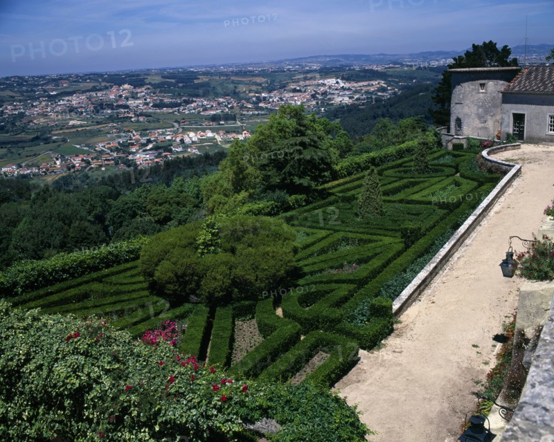 PORTUGAL, ESTREMADURA , Sintra -, Pena Palace view from over surrounding country side gardens in foreground