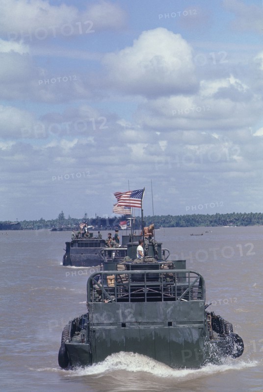VIETNAM, Vietnam War, 1969, US Navy Tango armoured troop carriers in the Mekong Delta