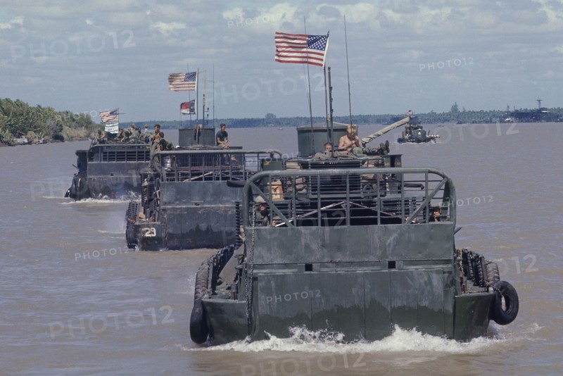 VIETNAM, Vietnam War, 1969, US Navy Tango armoured troop carriers in the Mekong Delta