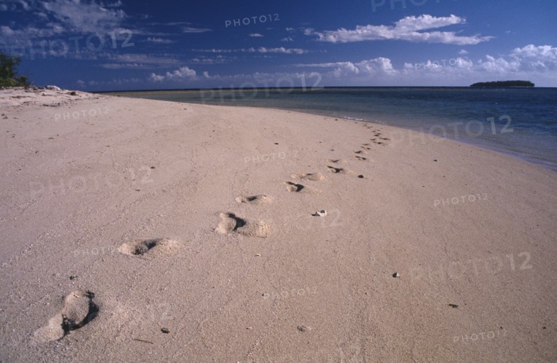 PACIFIC ISLANDS, Fiji, Caqelai Island, Footprints in the sand leading out in to the distance on a deserted beach