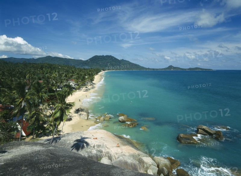 THAILAND, East Coast, Koh Samui, "View over Lamai Beach, palm trees, rocks hills behind "