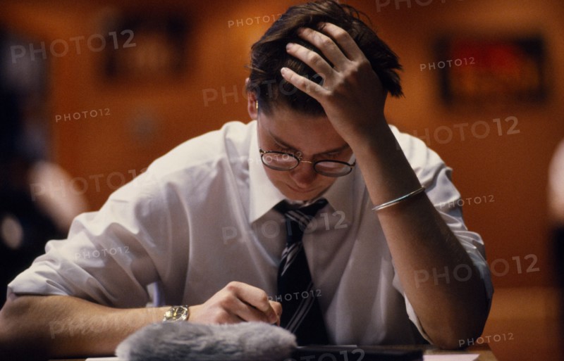EDUCATION, Secondary, Exams, Student taking  A level examination. GCSE