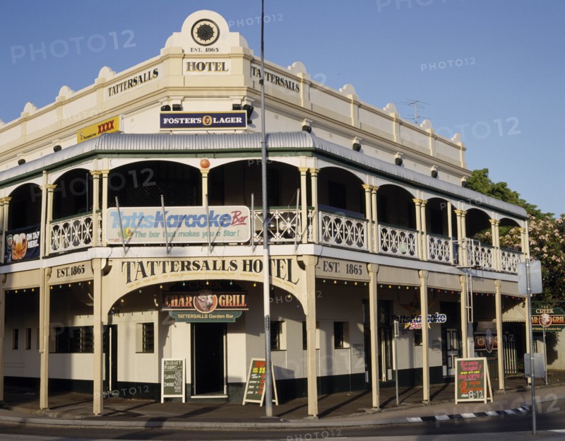 AUSTRALIA, Queensland, Townsville, Tattersalls Hotel a traditional timber building with a wrought iron balcony and a Karaoke bar inside