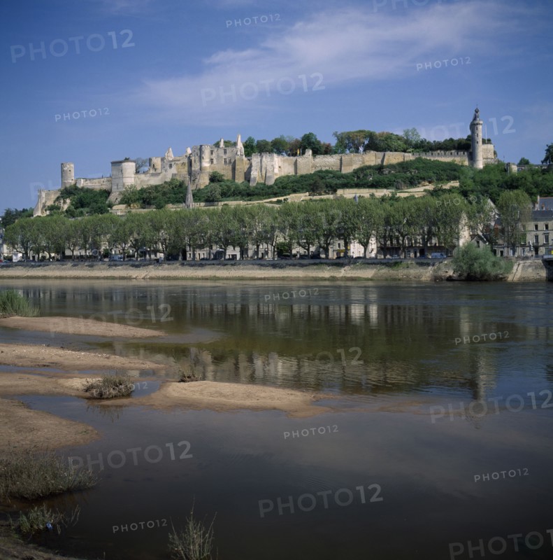 FRANCE, Loire Valley, Indre et Loire, Chinon Chateau seen across River Viene