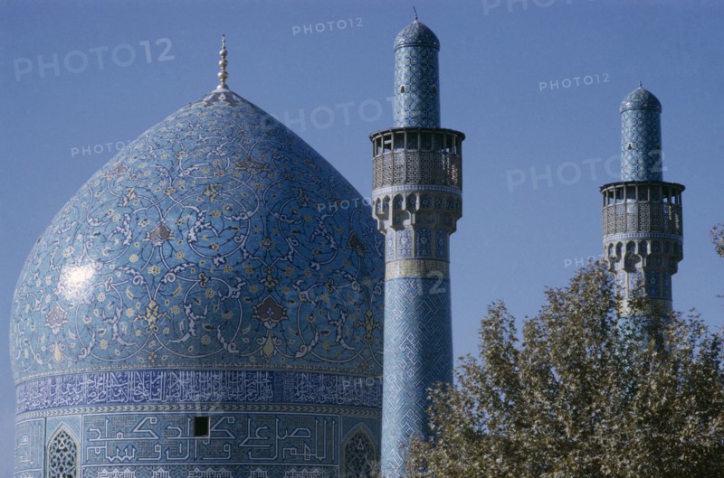 IRAN, Esfahan, Detail of Mosque dome and towers Esfahan  Isfahan