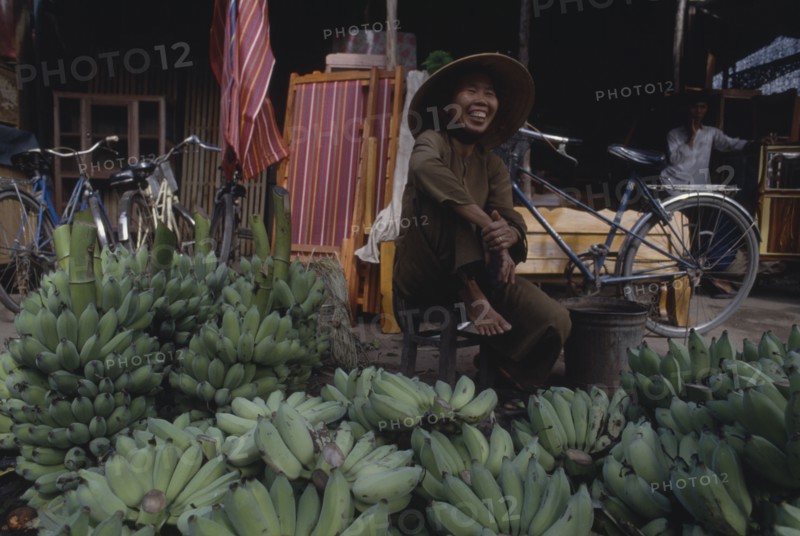 VIETNAM, Nha Trang, Smiling woman sitting behind display of green Bananas