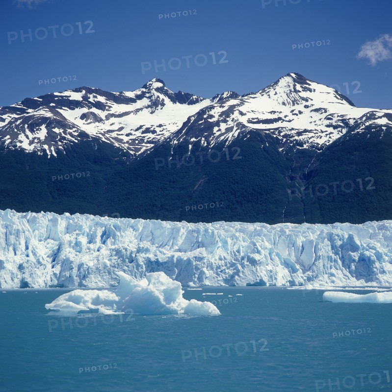 ARGENTINA, Santa Cruz, Parque Nacional Los Glaciares, Moreno Glacier below snow capped mountains with icebergs on Lago Argentian in typical Patagonian landscape