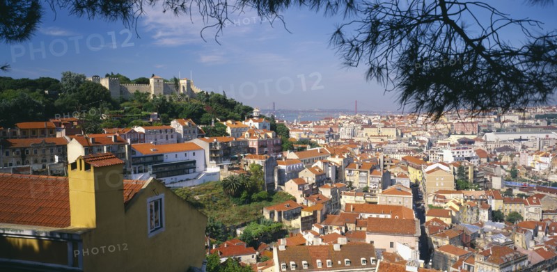 PORTUGAL, Estremadura, Lisbon, "Panoramic city view with St. George's Castle, River Tagus and 25th April Bridge behind "