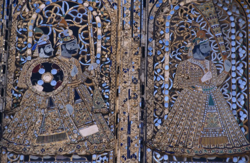 INDIA, Rajasthan, Udaipur, City Palace mural detail.