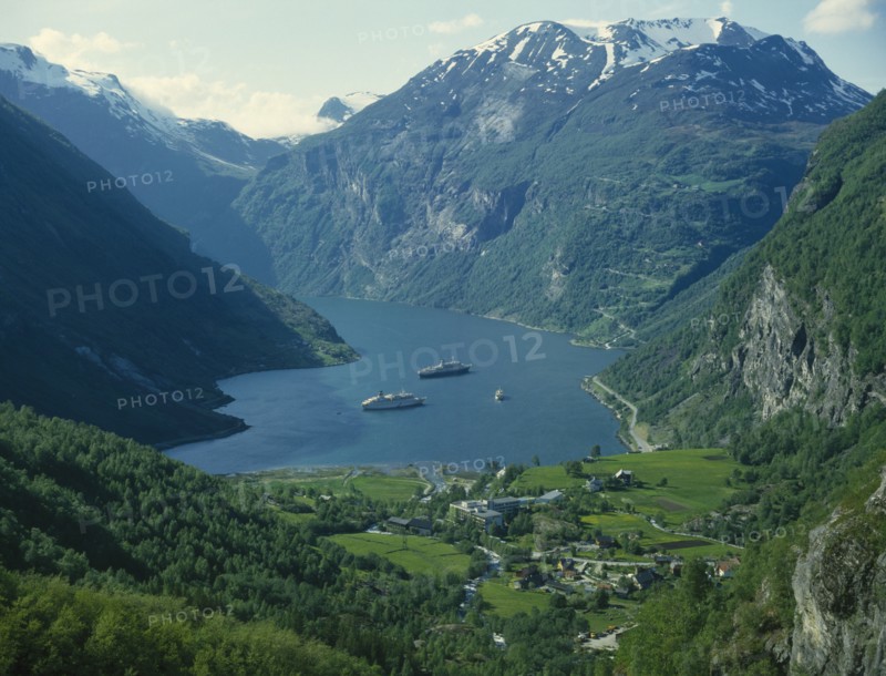 NORWAY, Romsdal, Geiranger Fjord, "View from mountain top,cruise ships,houses "