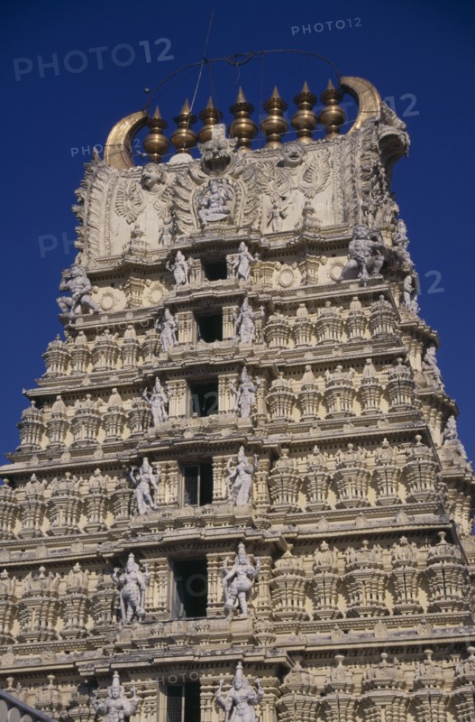 INDIA, Karnataka , Mysore, Sri Chamundeswari Temple part view of exterior.