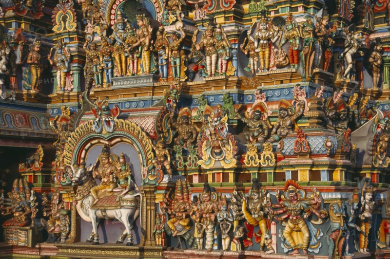 INDIA, Tamil Nadu, Madurai , Sri Meenakshi Temple multi coloured carvings